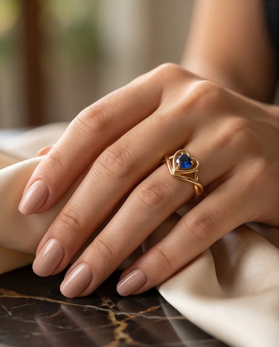 Gold Sapphire Heart-Shaped Openwork Ring