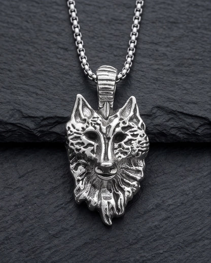 Silver Sculpted Wolf Head Pendant Necklace