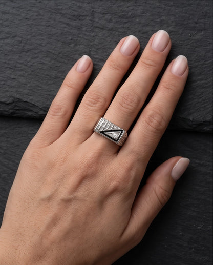 Split-Face Onyx & Clear Crystal Diamond-Mesh Silver Ring