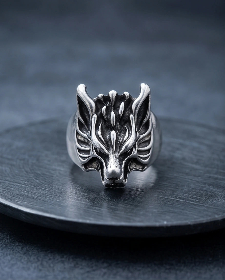 Vintage Oxidized Silver Mythical Wolf Crest Ring