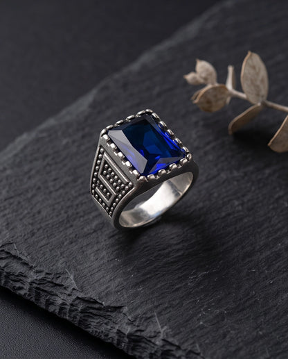 Sapphire Blue Emerald-Cut Gemstone Dot Matrix Architectural Silver Ring