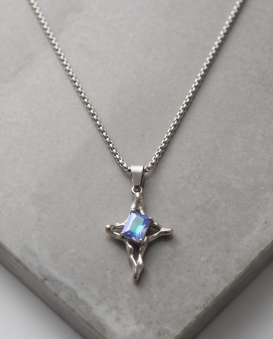 Silver Blue-Purple Gemstone Gothic Cross Pendant Necklace