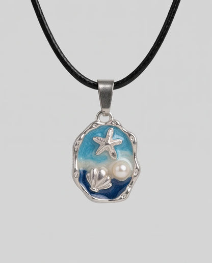 Silver Blue Seashell Starfish Pearl Enamel Medallion Chain Necklace