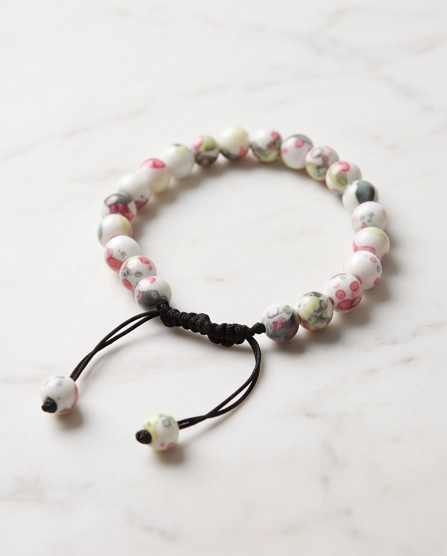 Cherry Blossom Patterned Ceramic Beaded Adjustable Macrame Bracelet
