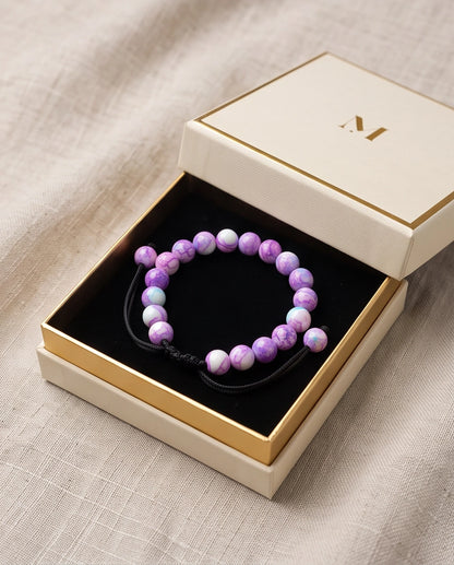 Purple & Teal Marbled Swirl Beaded Adjustable Macrame Bracelet