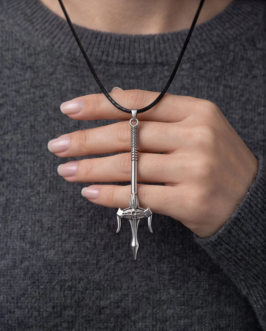 Silver Trident Spear Pendant Necklace