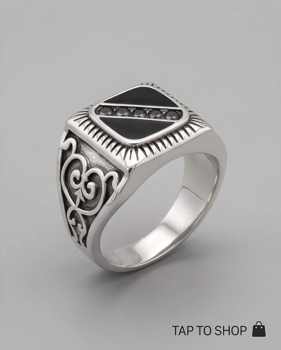 Dark-Stone Channel Inlay Filigree Scroll Silver Ring