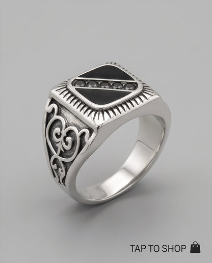 Dark-Stone Channel Inlay Filigree Scroll Silver Ring