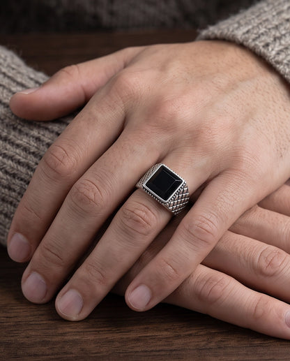 Pyramid Cut Onyx-Style Sawtooth Diamond-Mesh Silver Ring