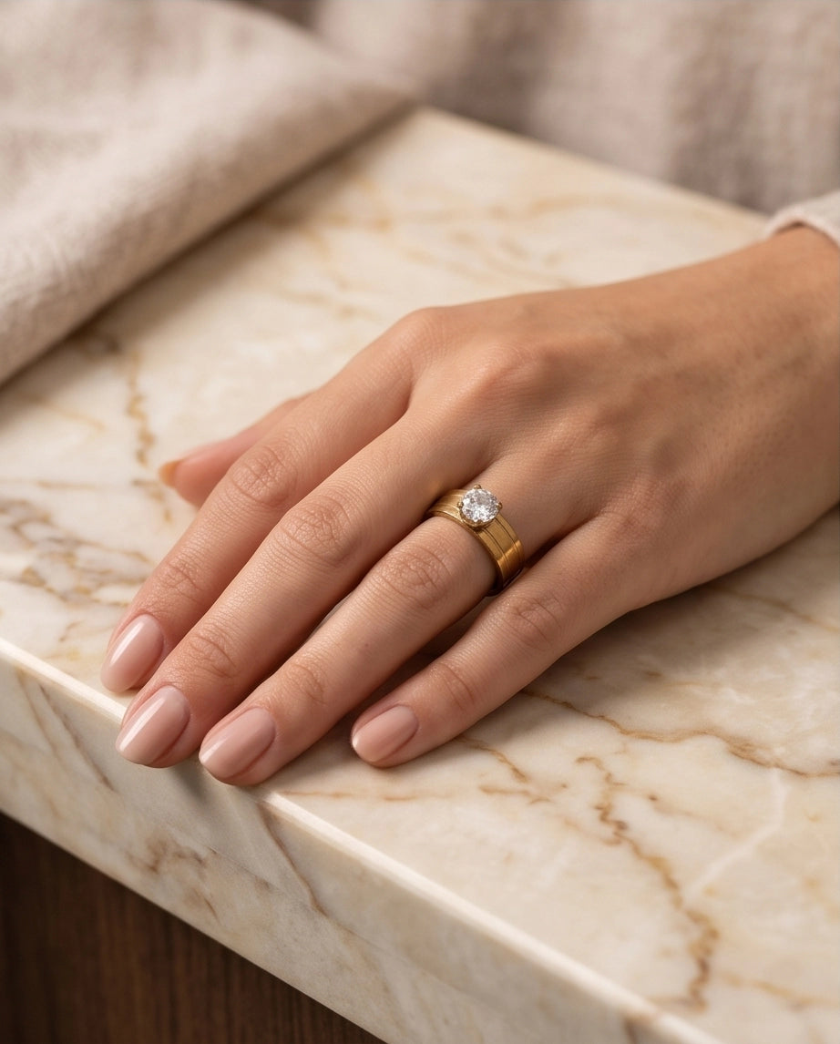 Gold Round Gemstone Wide-Band Solitaire Ring