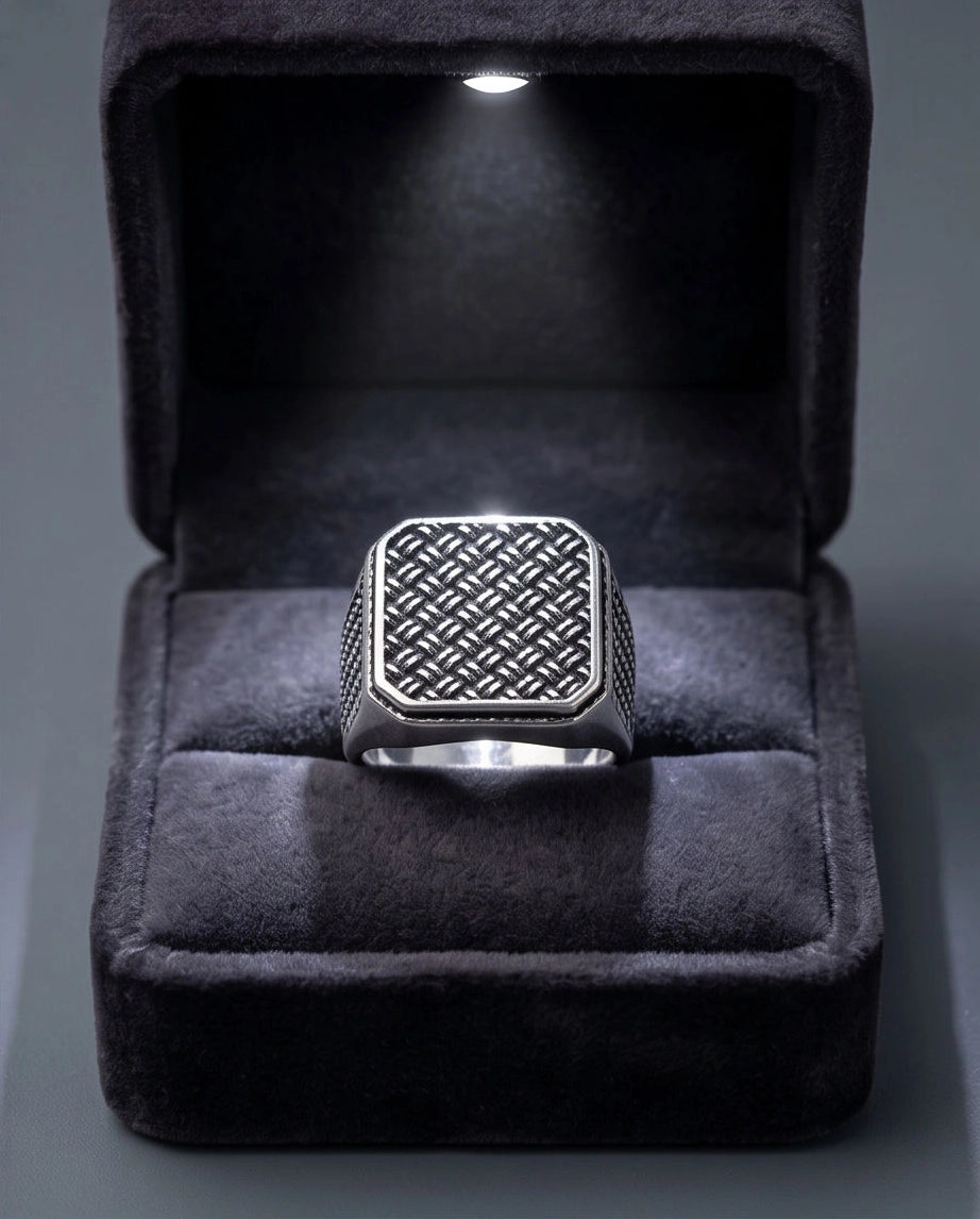 Oxidized Silver Basketweave Square Signet Ring