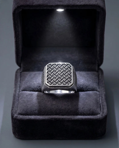 Oxidized Silver Basketweave Square Signet Ring