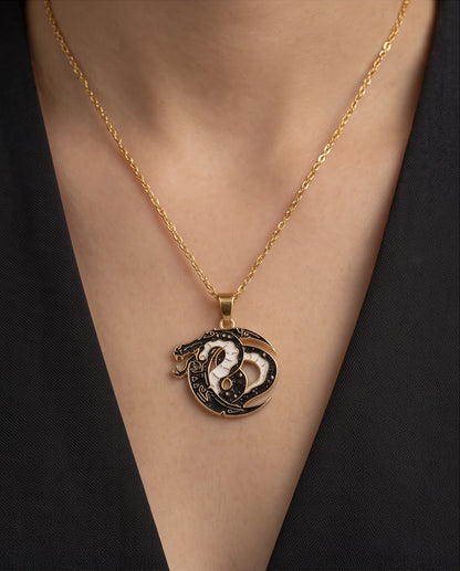 Gold Coiled Dragon Black & White Enamel Pendant Necklace