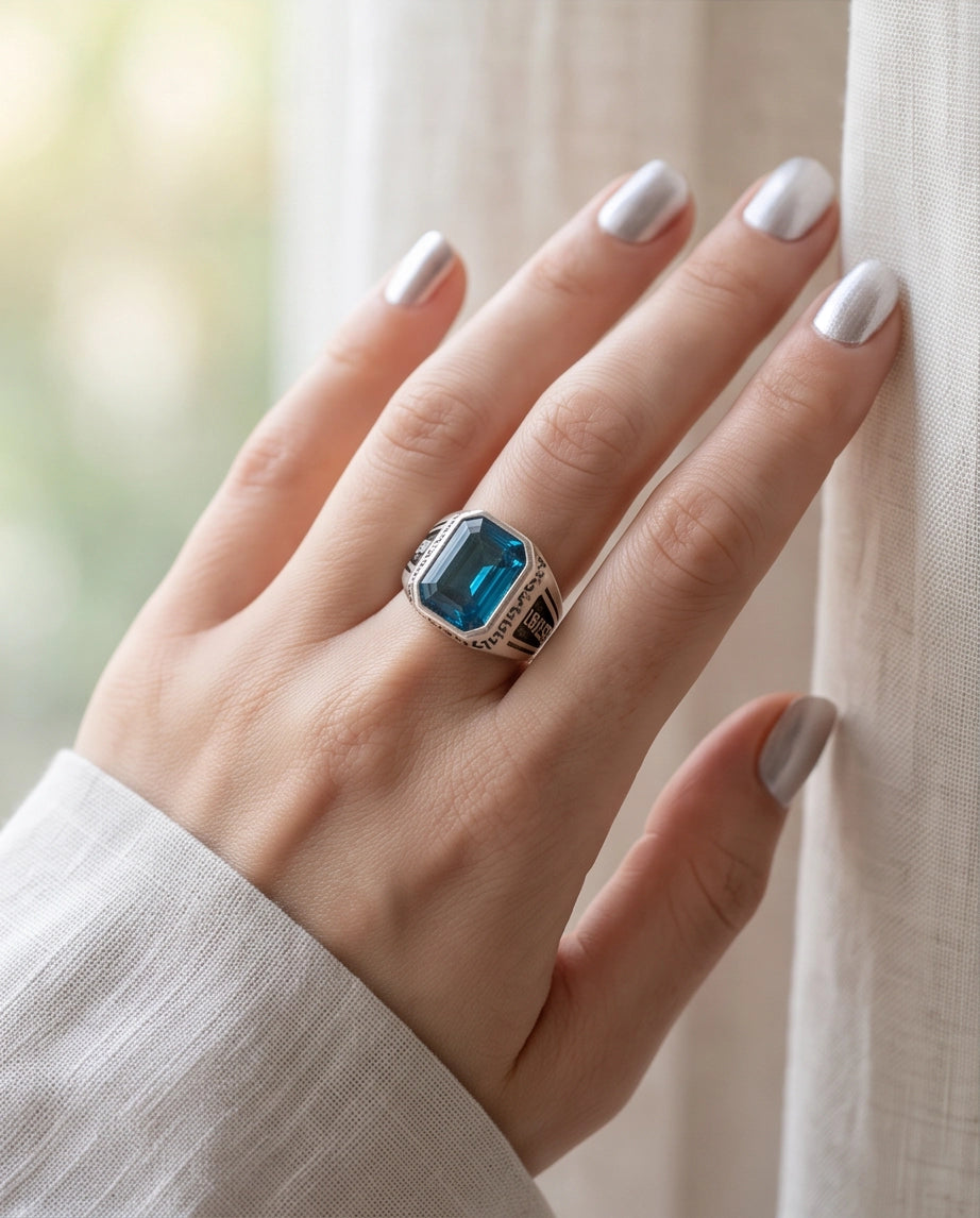 Aquamarine Emerald-Cut Gemstone Engraved Geometric Silver Ring