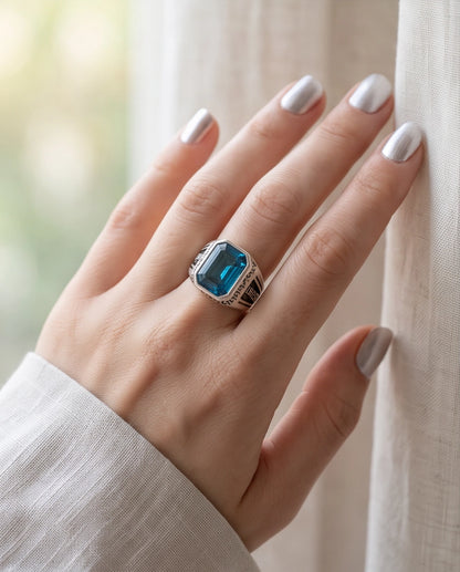 Aquamarine Emerald-Cut Gemstone Engraved Geometric Silver Ring