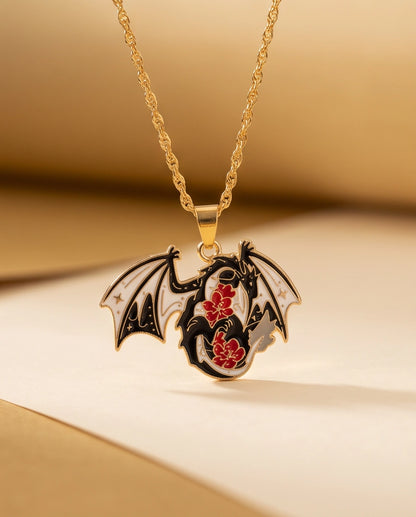 Gold Floral Dragon Black & White Enamel Pendant Necklace