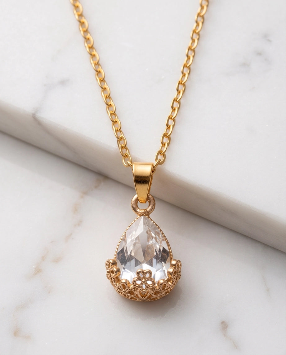 Gold Clear Teardrop Floral Basket Pendant Necklace