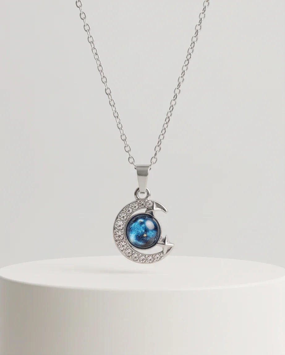 Silver Cosmic Galaxy Crescent Moon Pendant Necklace