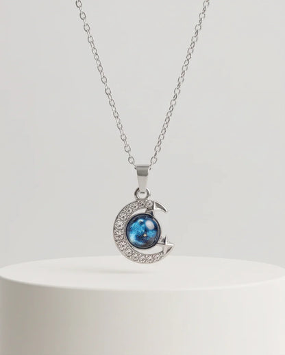 Silver Cosmic Galaxy Crescent Moon Pendant Necklace