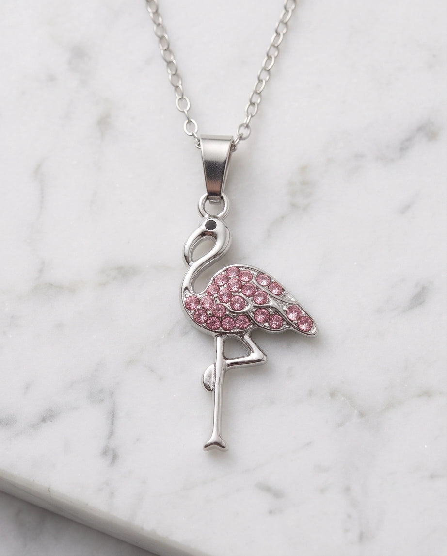 Silver Pink Crystal Paved Flamingo Pendant Necklace