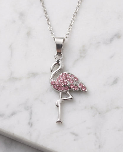 Silver Pink Crystal Paved Flamingo Pendant Necklace