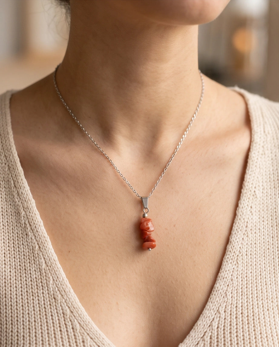 Silver Stacked Raw Red Agate Chip Stone Pendant Necklace