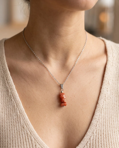 Silver Stacked Raw Red Agate Chip Stone Pendant Necklace