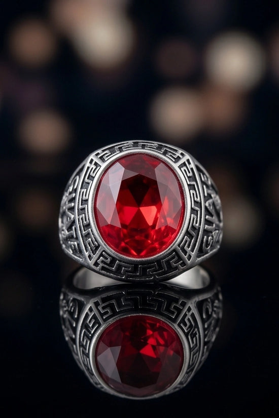 Vintage Greek Key Ruby Red Gemstone Ring