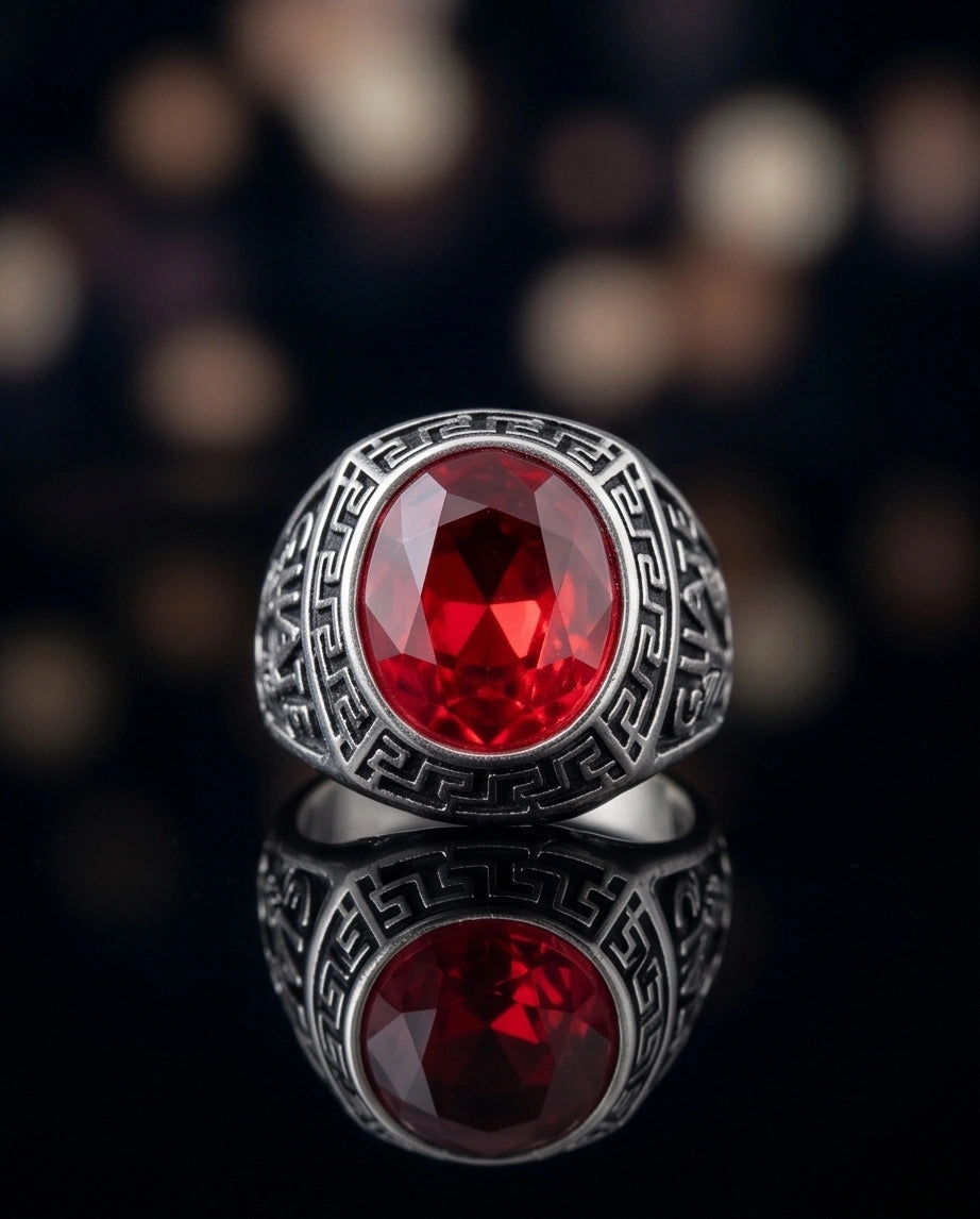 Vintage Greek Key Ruby Red Gemstone Ring