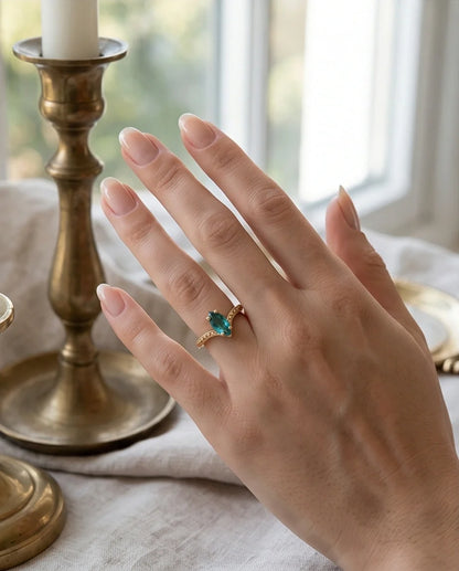 Vintage Gold Marquise London Blue Topaz Chevron Ring