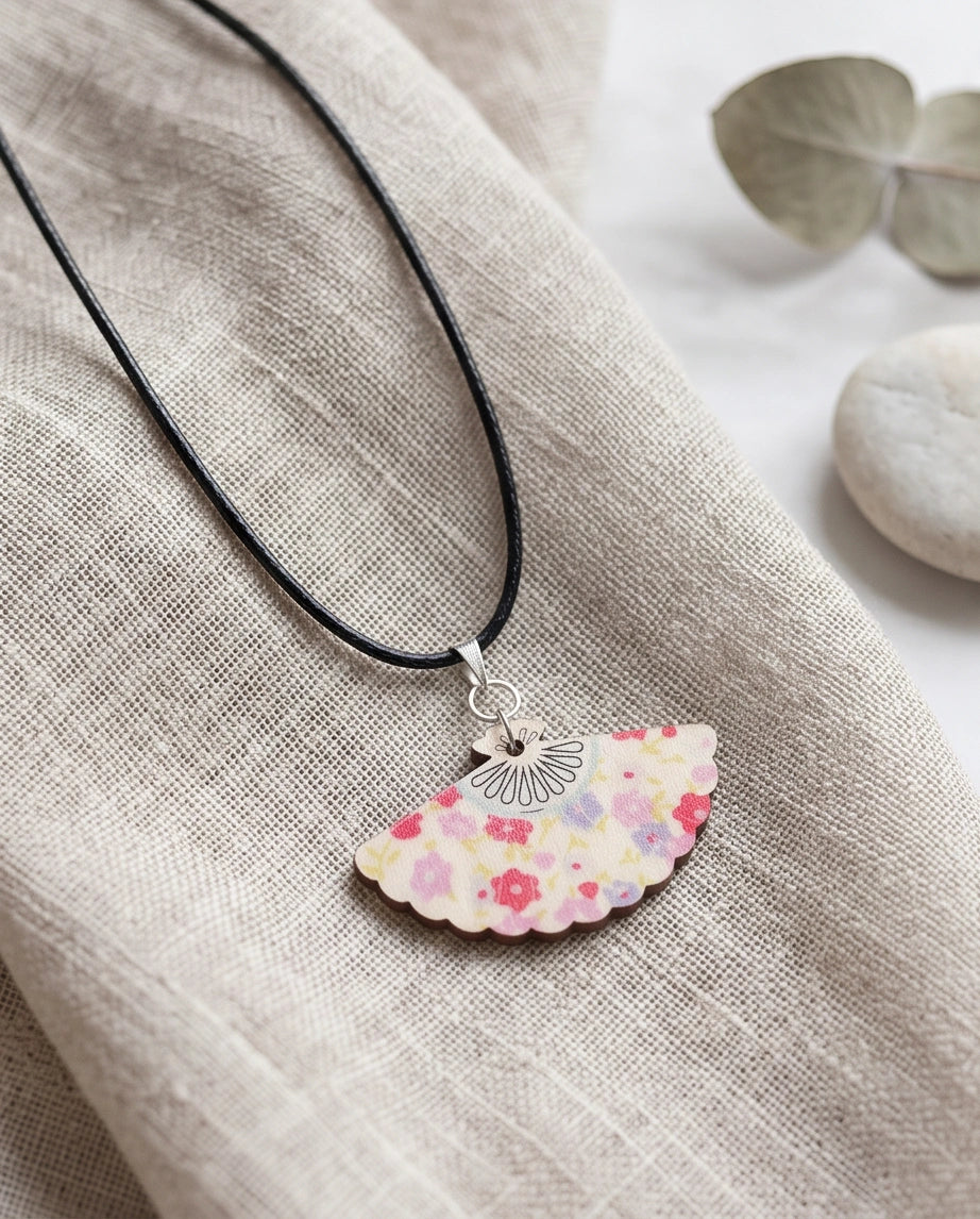 Vintage Pastel Pink Floral Hand-Fan Pendant Necklace