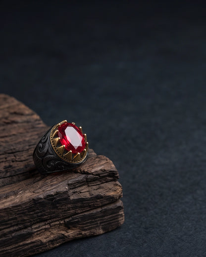 Celestial Crimson Sunburst Signet Ring