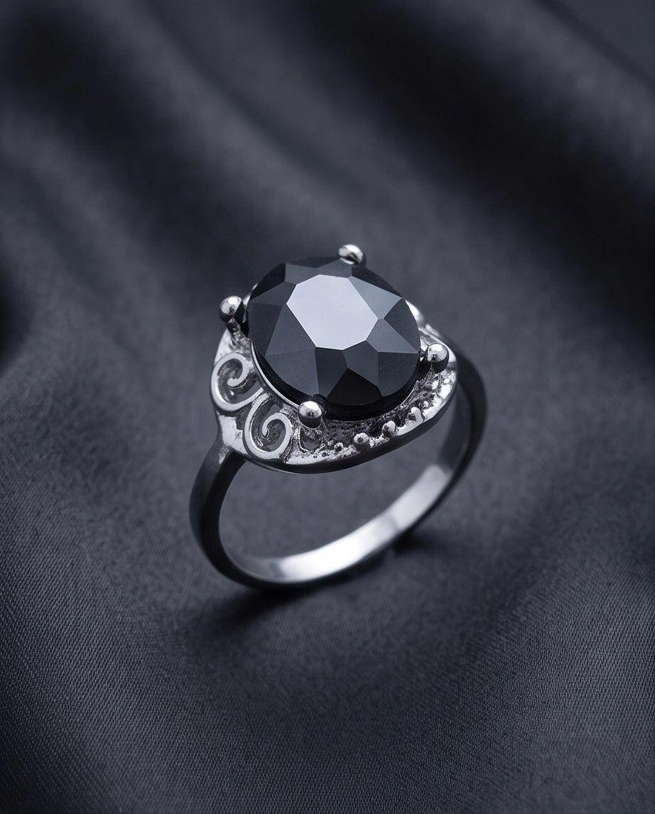 Silver Oval Onyx Filigree Solitaire Ring