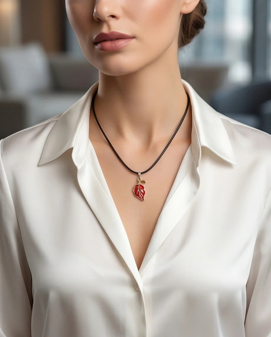 Gold and Red Leaf Pendant Necklace