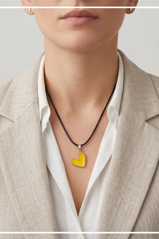 Vibrant Yellow Beaded-Edge Heart Enamel Pendant Necklace