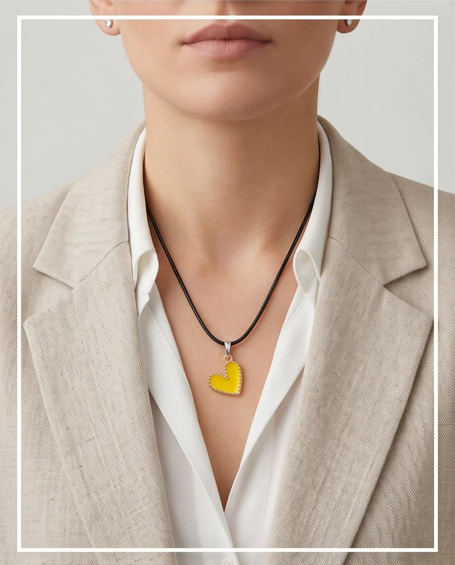 Vibrant Yellow Beaded-Edge Heart Enamel Pendant Necklace