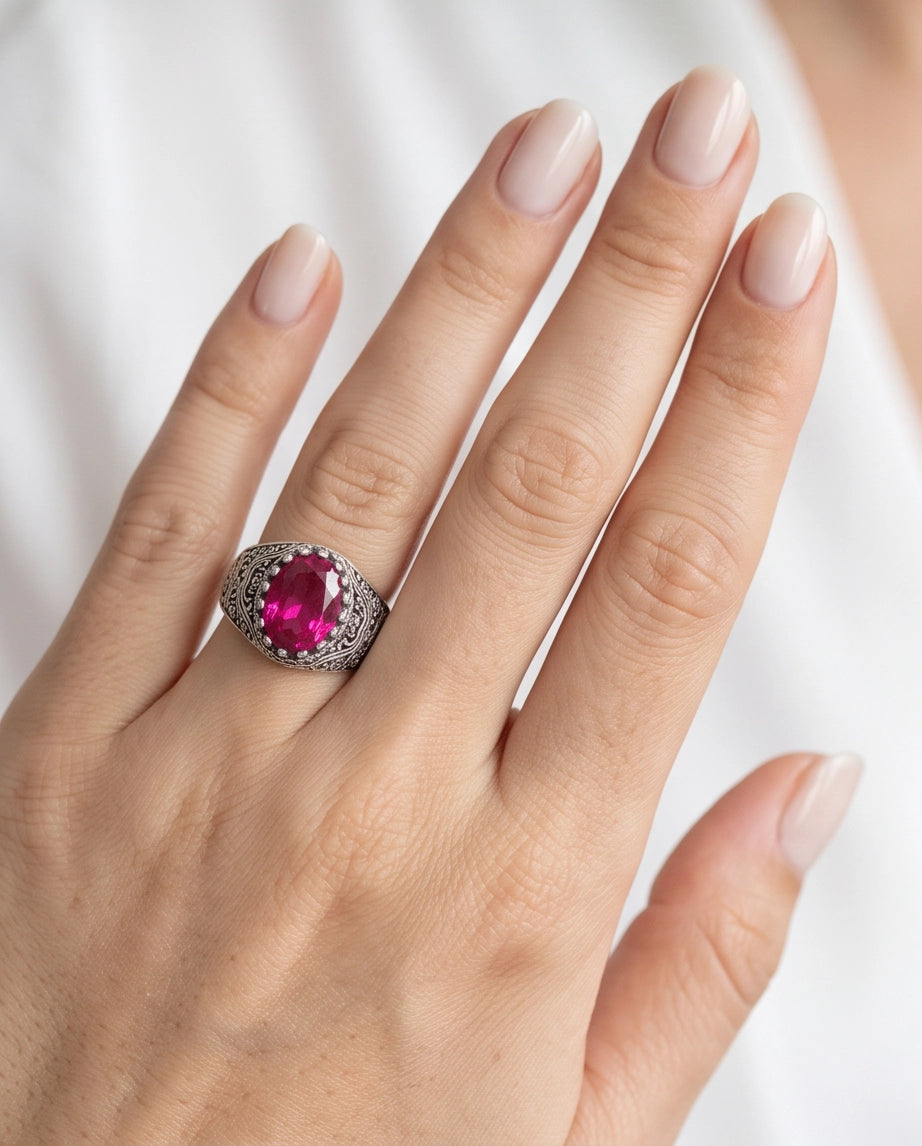Magenta Oval-Cut Gemstone Ornate Filigree Silver Ring