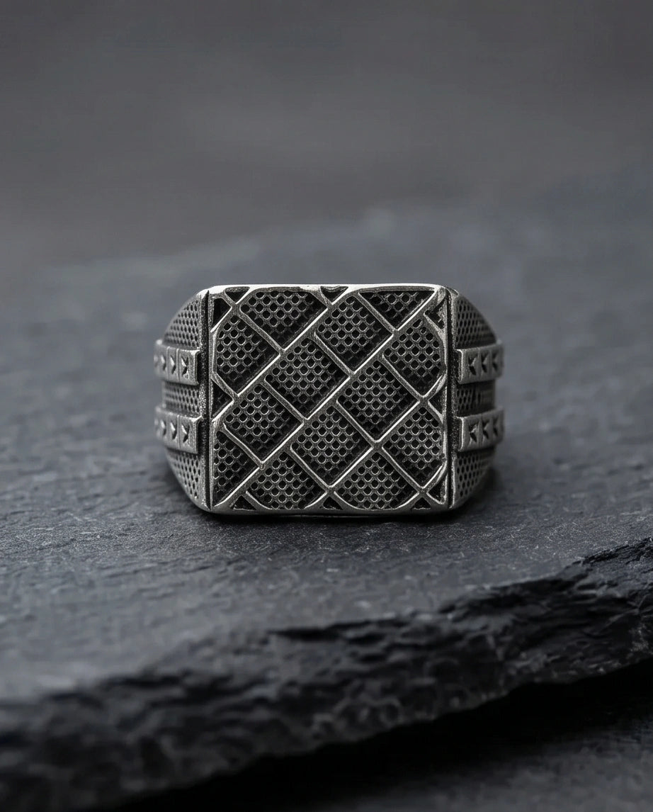 Vintage Sterling Silver Mesh Geometric Signet Ring