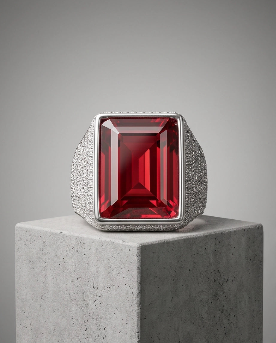 Ruby Red Emerald-Cut Gemstone Stippled Halo Silver Ring