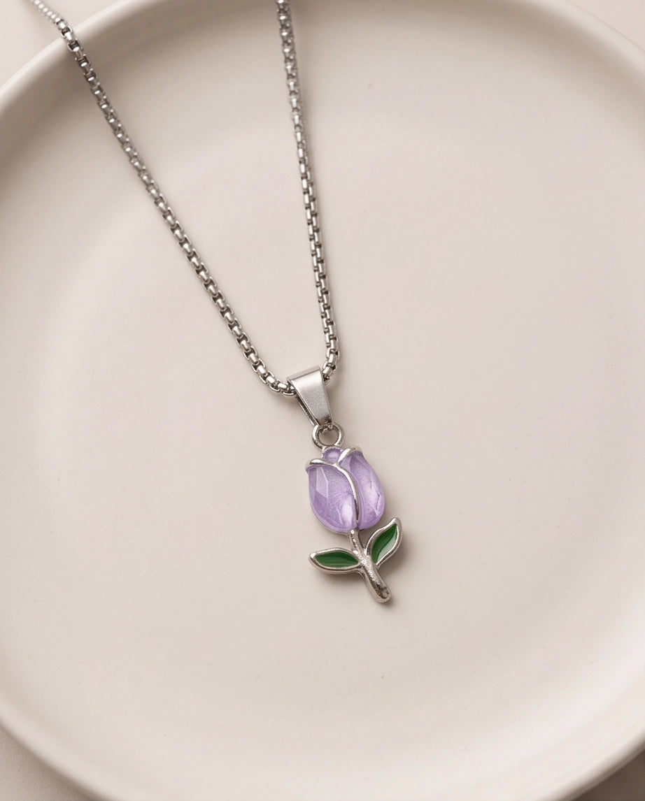 Silver Purple Enamel Tulip Pendant Necklace