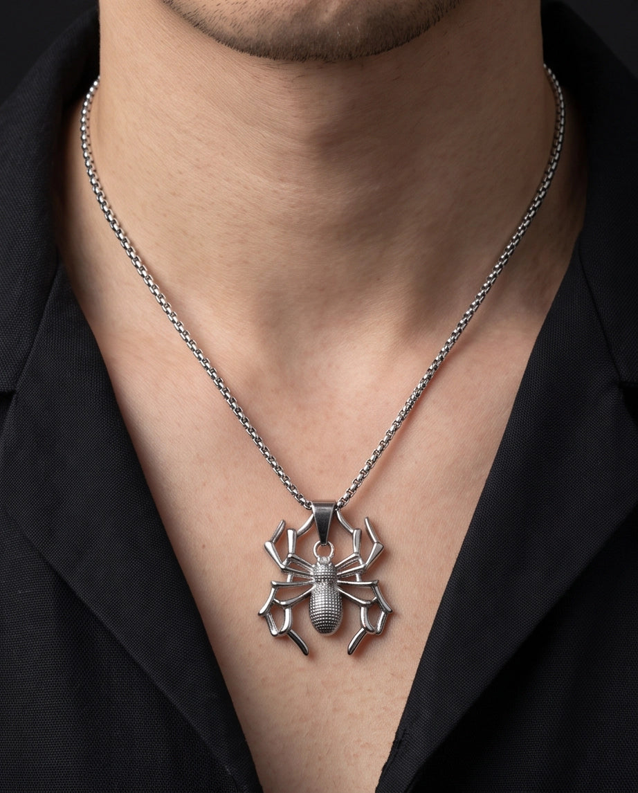Silver Textured Spider Pendant Necklace