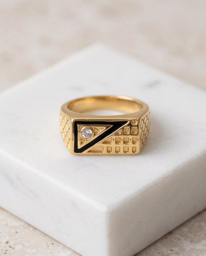 Geometric Split-Face Onyx & Clear Crystal Block Gold Ring