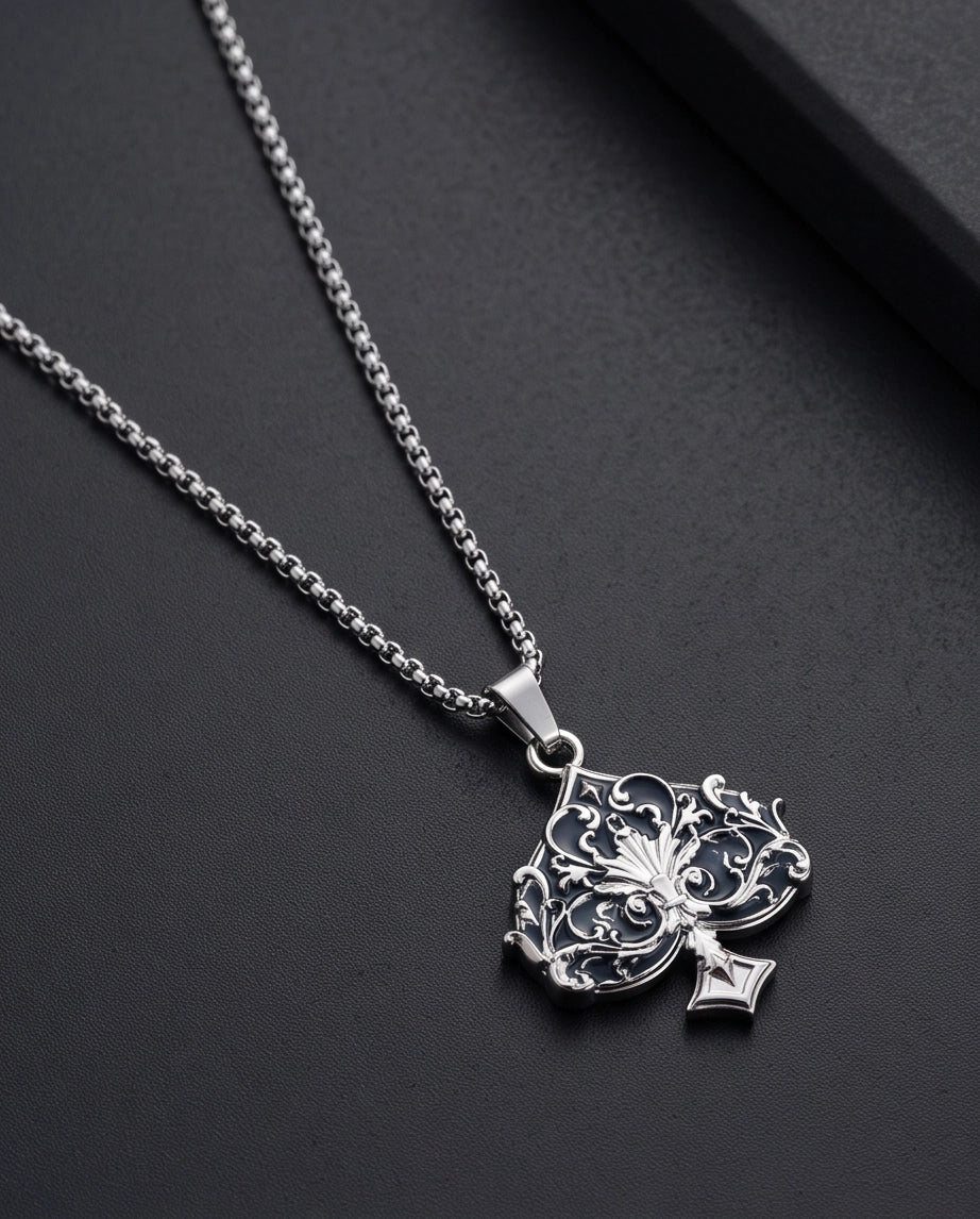 Silver Filigree Ace of Spades Pendant Necklace