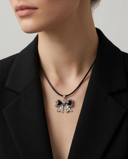 Black Enamel Ribbon Bow Pendant Necklace