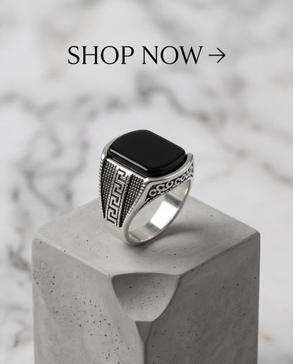 Onyx Gemstone Cushion Cabochon Greek Key Stippled Silver Ring