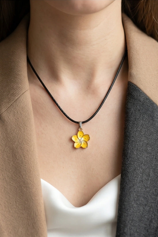 Mellow Yellow Cherry Blossom Enamel Pendant Necklace