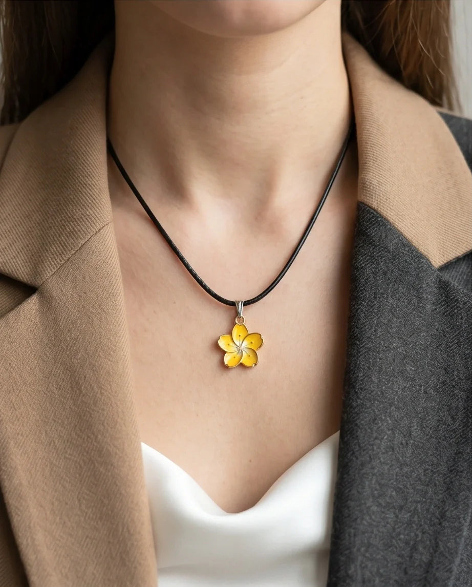Mellow Yellow Cherry Blossom Enamel Pendant Necklace