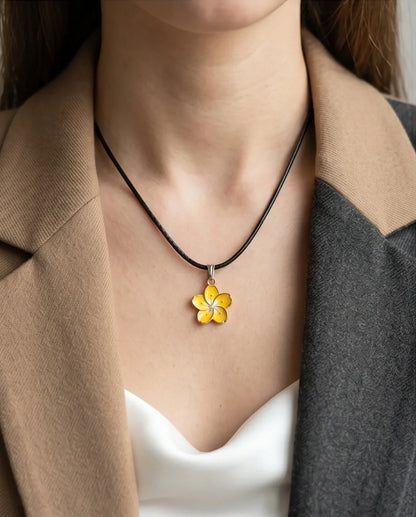 Mellow Yellow Cherry Blossom Enamel Pendant Necklace
