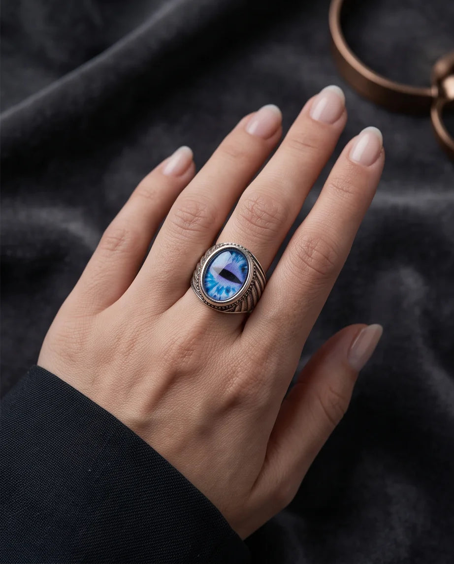 Sapphire Frost Slit-Pupil Beaded Silver Ring