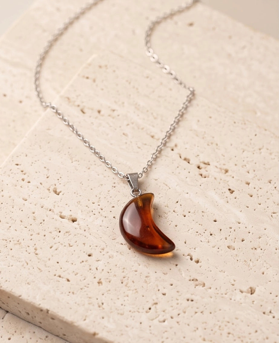Silver Amber Resin Crescent Moon Pendant Necklace